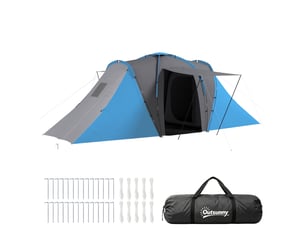 Tente tunnel, tente de camping imperméable 2000 mm pour 4 personnes, avec 2 chambres, un espace de vie et un sac de transport, gris et bleu.