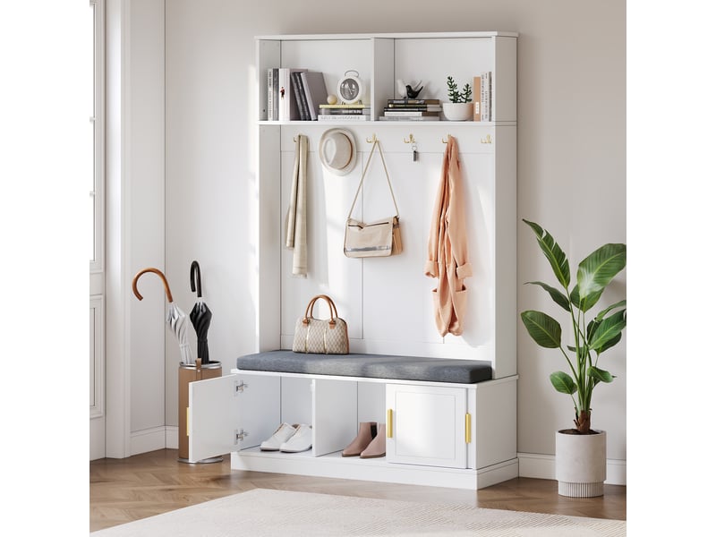  Meuble d'entrée avec banc à chaussures, 6 crochets triples et étagère ouverte de rangement pour hall, blanc 120×40×191 cm  - Conforama C