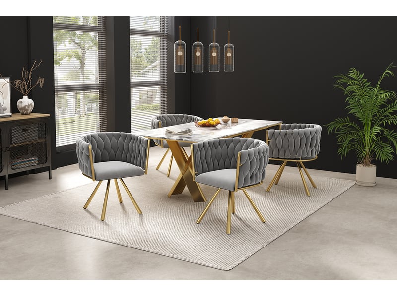  6 chaises velours gris, base pivotante et pieds métal doré – design élégant  - Conforama E