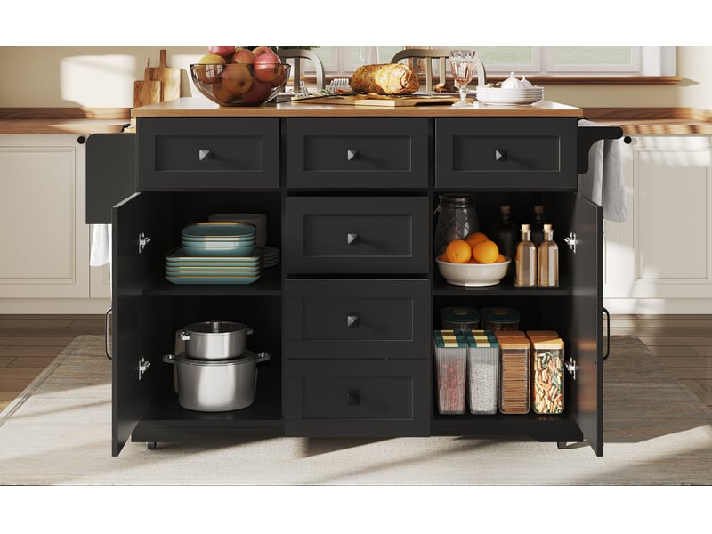  Desserte de cuisine pliante avec plateau bois noir, rangements intégrés et roulettes – mobile et pratique  - Conforama B