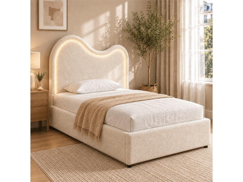 Lit rembourré 90x200 cm avec rangement hydraulique, sommier à lattes, tête de lit rembourrée, grand coffre de rangement, bouclé - blanc - Conforama E