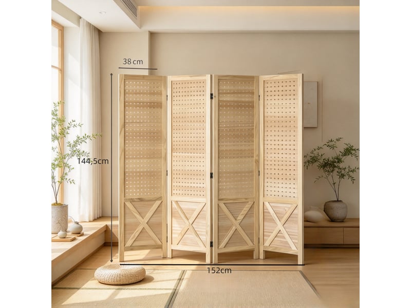  Paravent intérieur pliable 4 panneaux en bois, séparateur de pièce avec panneaux perforés, cloison décorative naturelle  - Conforama C
