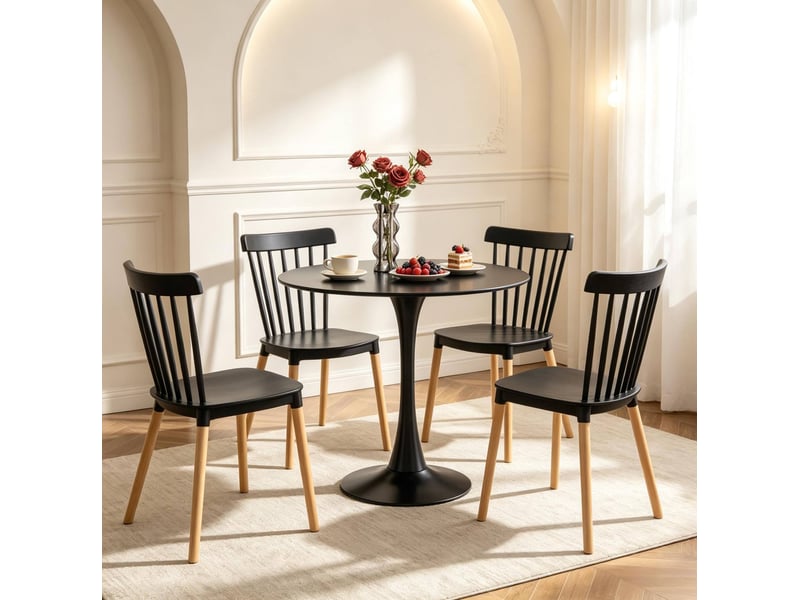  Chaise de salle à manger lot de 4 avec dossier ajouré et patins antidérapants en polypropylène noir et bois naturel  - Conforama E