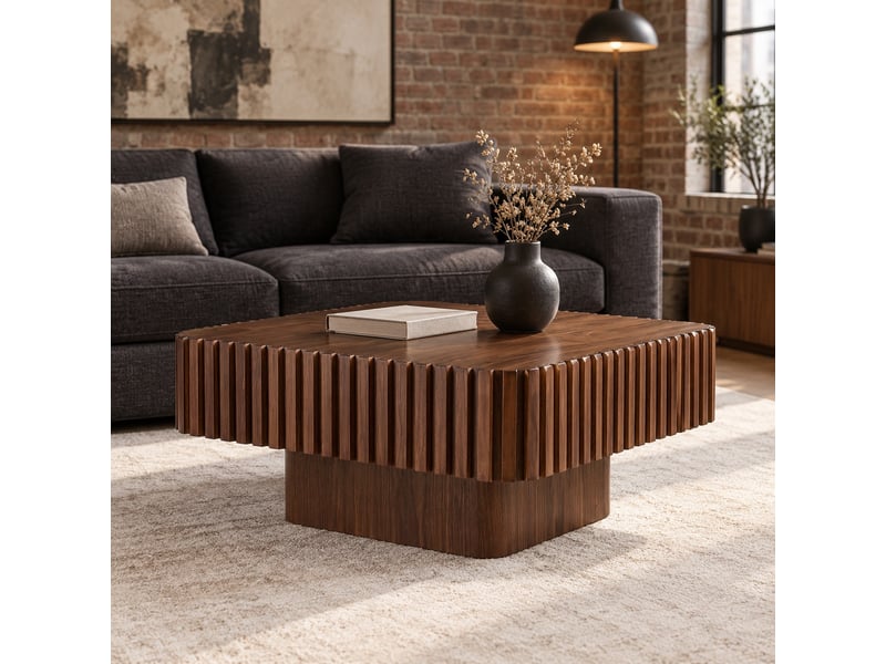 Table basse carrée 80 × 80 cm avec plateau plaqué noyer - lpospi - cadre rainuré bois massif et mdf noyer 80 × 80 × 35 cm - Conforama C