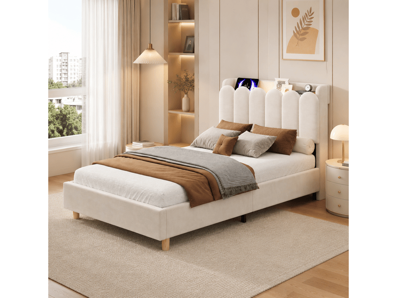  Lit enfant 90 × 200 cm avec sommier, tête de lit rembourrée, lampe de lecture et prises usb type-c pour chambre  - Conforama E