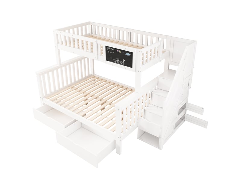 Lit superposé 90x200 cm et 140x200 cm, escalier avec rangement, 2 tiroirs et tableau noir intégré, pin et mdf,blanc - Conforama A