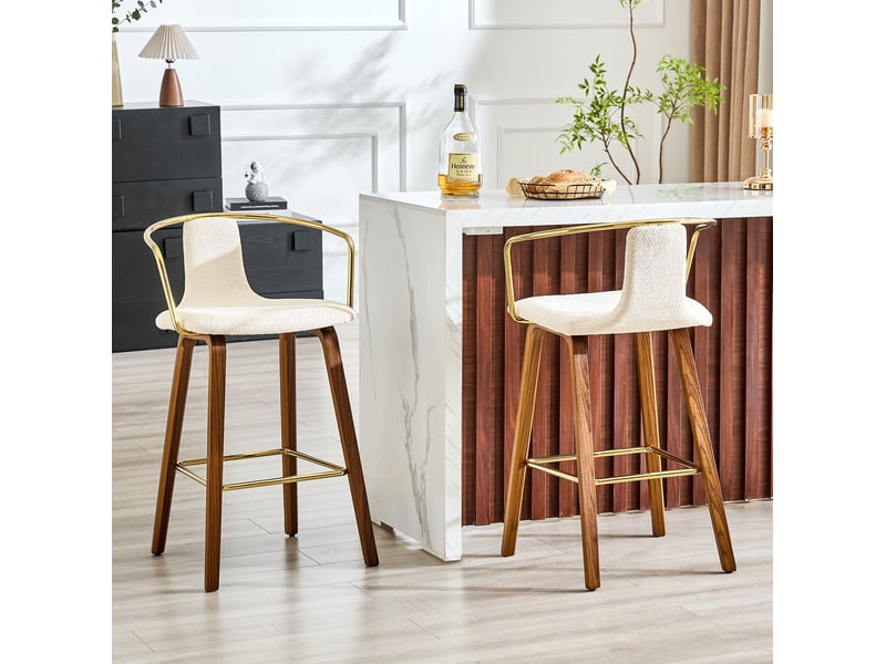  Tabouret de bar lot de 2 avec accoudoirs et repose-pieds, siège rembourré, style scandinave, en bois, blanc  - Conforama C