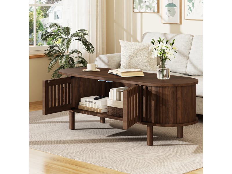 Table basse salon 100x40x38 cm avec rangement, 2 portes persiennes et porte coulissante, design ovale en mdf - noyer - Conforama D