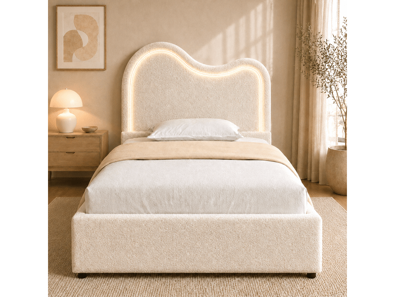 Lit coffre enfant une place 90 × 200 cm, rangement hydraulique et éclairage multicolore, sans matelas, bouclé blanc - Conforama C