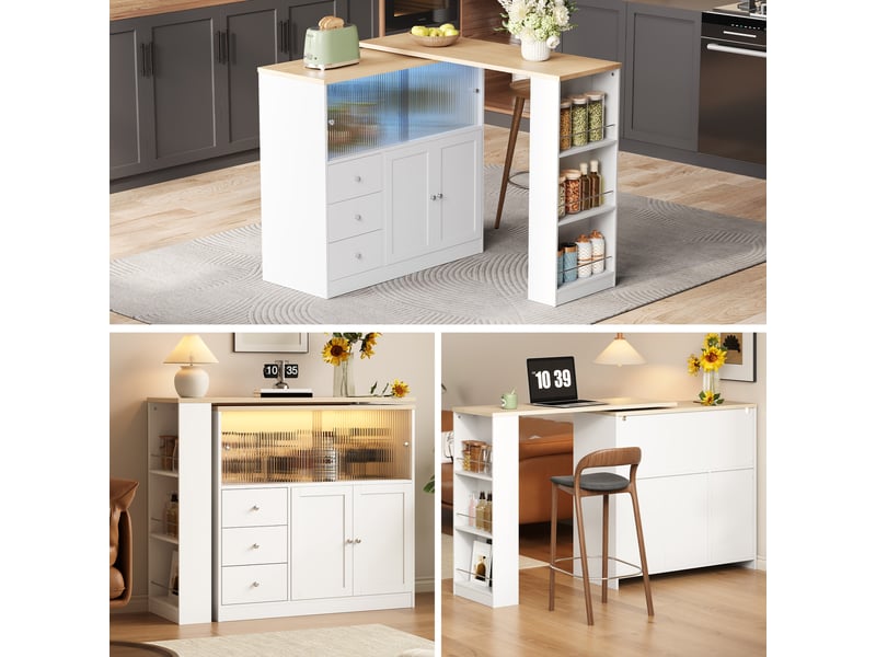 Îlot de cuisine table bar 172x40x96 cm - table pivotante à 360° - porte coulissante vitrée - tiroir et étagères latérales - mdf - blanc CozyNest - Conforama B