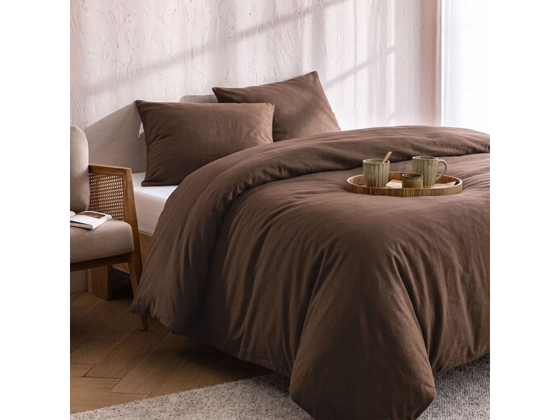  Parure de lit 140x200 flanelle marron terre de nuit  - Conforama D