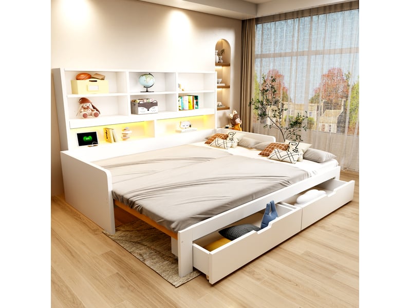  Lit banquette extensible 90180x200 cm blanc avec led, prises et rangements  - Conforama B