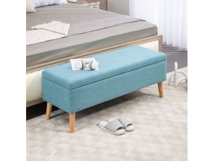 Banc coffre 110x39x45 cm, banc de lit moderne, pieds en bois, forme rectangulaire, chambre et salon, polyester, bleu