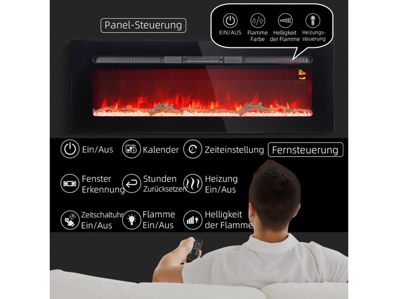  Cheminée électrique murale 1800 w, flammes led, télécommande, noire  - Conforama W