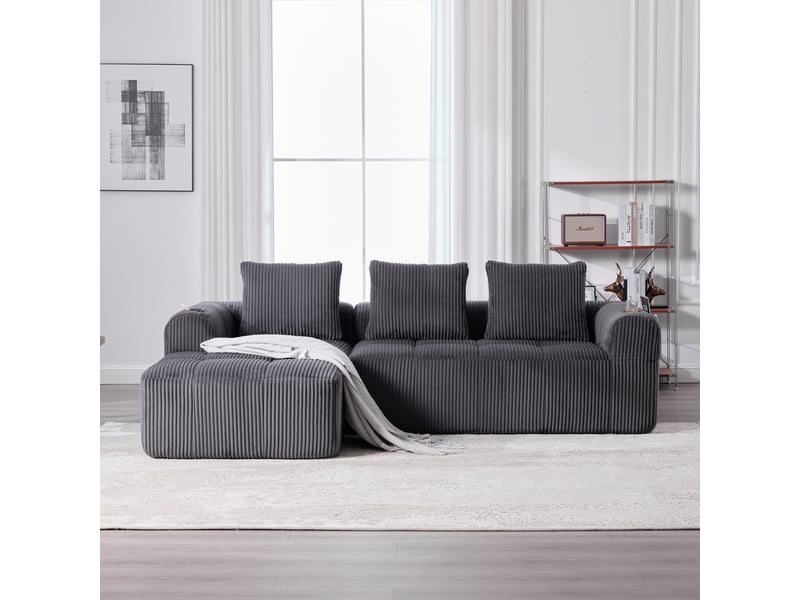 Canapé modulable, canapé de salon – en velours côtelé, porte-gobelets, poches latérales, coussins inclus, gris foncé - Conforama W
