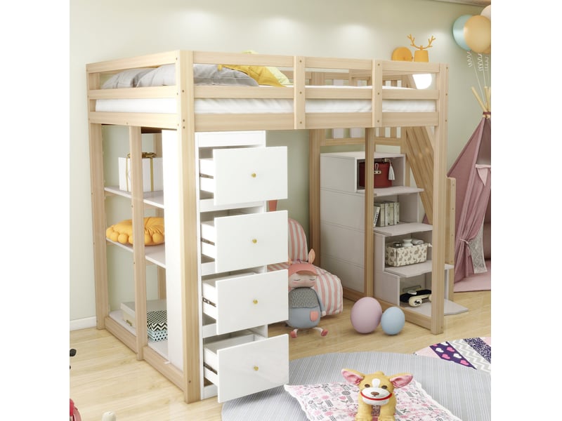  Lit mezzanine 140x200cm, li enfant avec 4 tiroirs, étagères, escalier, espace de rangement et sommier, pin+mdf, blanc+bois, sans matelas  - Conforama B
