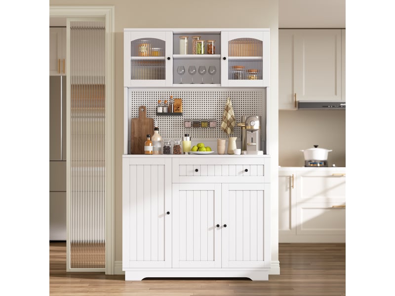  Vaisselier de cuisine blanc 180 cm armoire vitrine haute de rangement avec portes et étagères réglables  - Conforama E