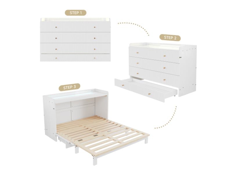  Lit plateforme 140x200 cm blanc convertible avec tiroirs sous le lit usb prise led plateau laqué blanc sans matelas  - Conforama D