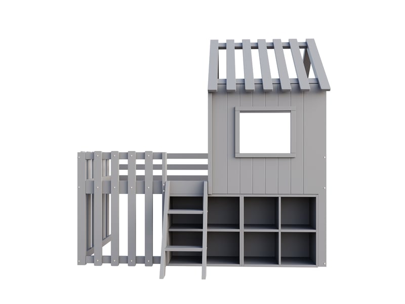 Lit avec rangement enfant 90x200 cm, étagère, toit, fenêtre, escalier, sommier, bois gris, sans matelas - Conforama D