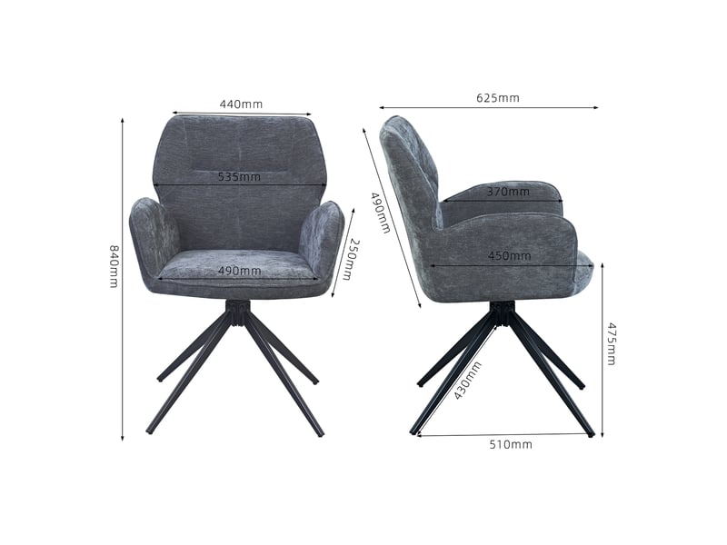  Lot de 2 chaises de salle à manger pivotantes avec accoudoirs en tissu chenille gris foncé et métal  - Conforama E