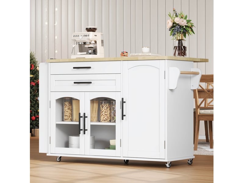  Îlot de cuisine mobile avec plateau rabattable, 5 roulettes, blanc et bois naturel  - Conforama B