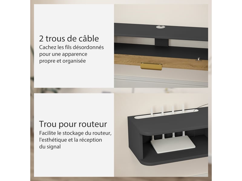  Meuble tv suspendu avec compartiments ouverts, porte rabattable et passe-câbles, gris, 160 x 24 x 16 cm  - Conforama R