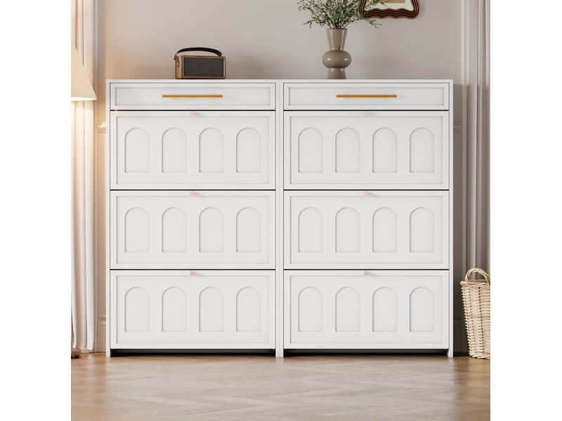 Ensemble de 2 meubles à chaussures ulevr, 12 compartiments et 2 tiroirs, 140 x 25 x 125 cm, mdf blanc - Conforama B