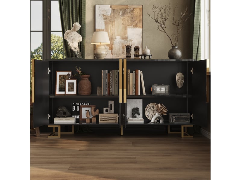 Buffet bas noir en mdf – 2 portes, 4 compartiments, détails dorés – 152 x 40 x 75 cm - Conforama C