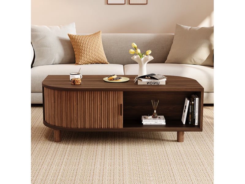  Table basse 100x50x35 cm coloris noyer avec portes coulissantes  - Conforama D