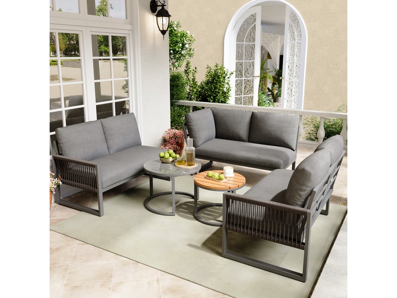  Salon de jardin d'angle 7 places gris avec coussins confortables et table - ensemble extérieur  - Conforama B
