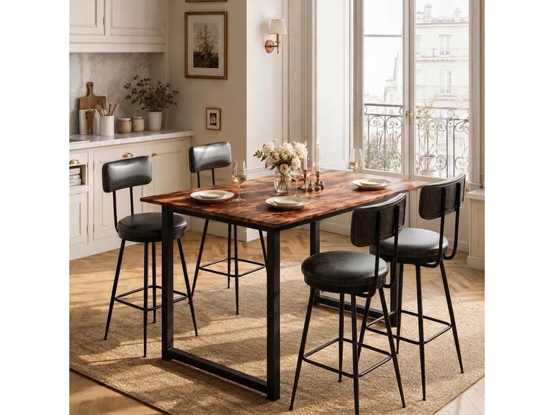  Lot de 4 tabouret de bar en cuir pu, chaises hautes de cuisine pour îlot et comptoir, et métal de style industriel avec dossier 65cm, noir  - Conforama C