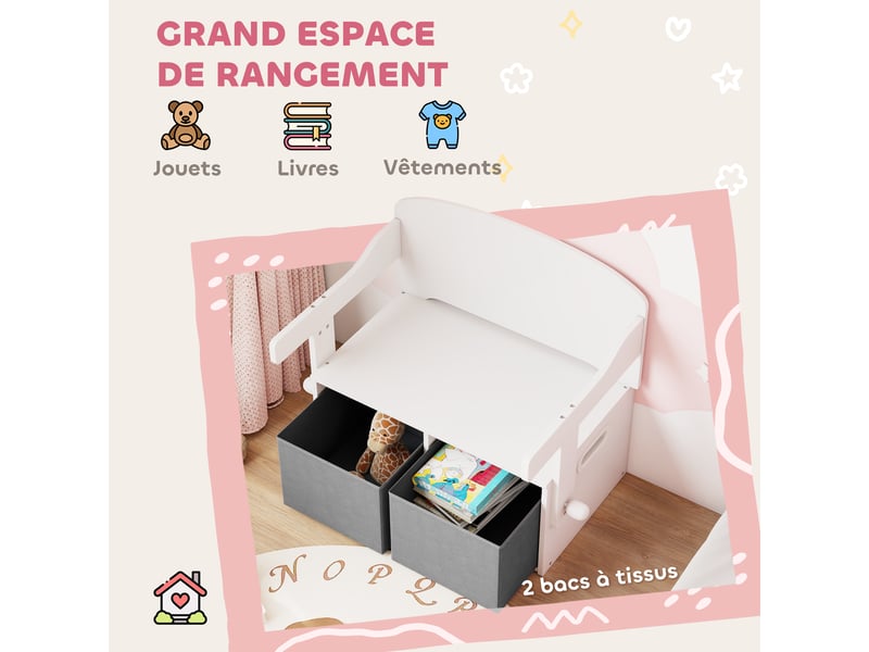  Coffre à jouet enfant 3 en 1, ensemble table et chaises avec 2 bacs en tissu amovibles, blanc, 67,5 x 46,5 x 56,7 cm  - Conforama E