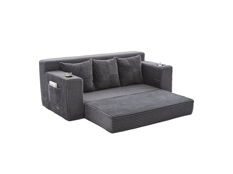 Canapé modulaire 2 places avec accoudoirs, porte-gobelets et poches latérales en velours côtelé gris, 172 × 87 × 64 cm - Conforama A