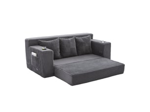 Canapé modulaire 2 places avec accoudoirs, porte-gobelets et poches latérales en velours côtelé gris, 172 × 87 × 64 cm
