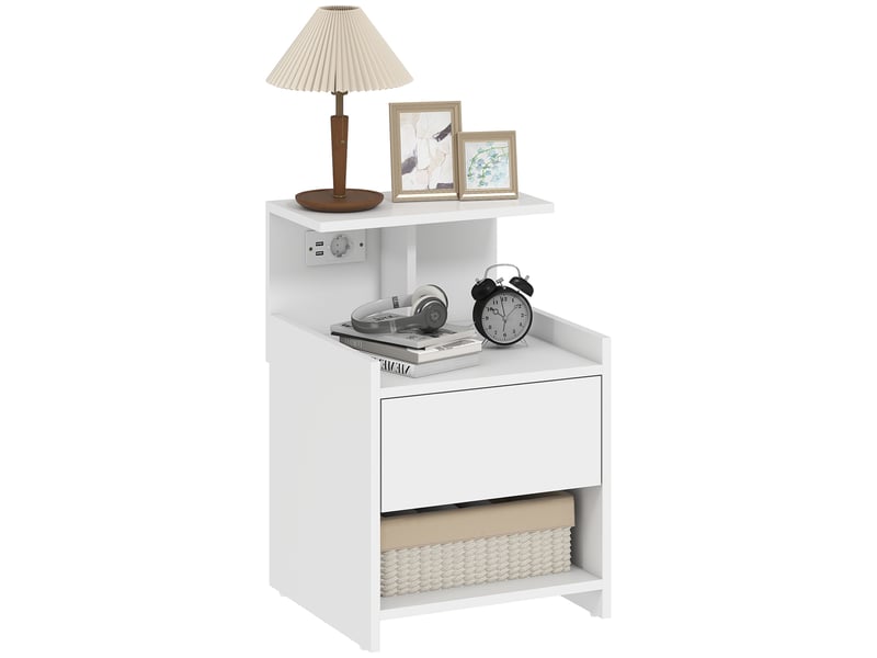  Table de chevet avec station de charge, ports usb, tiroir et étagères, table de nuit 40 x 40 x 60 cm blanche  - Conforama A