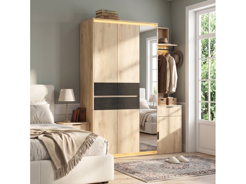  Armoire vestiaire 155x47x200 cm avec miroir et éclairage led, mdf, bois clair, rangement entrée et dressing, chambre  - Conforama D