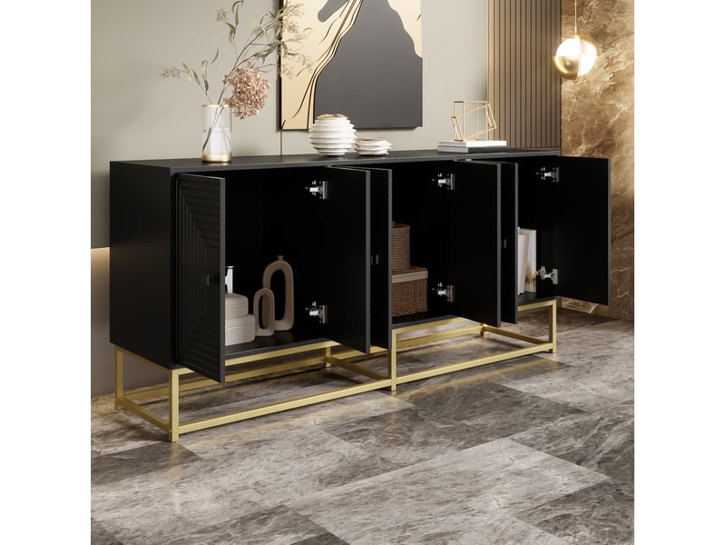 Buffet 160x38x75,5 cm, avec 3 compartiments à portes doubles, finition mate, panneau de particules, rangement, noir - Conforama D