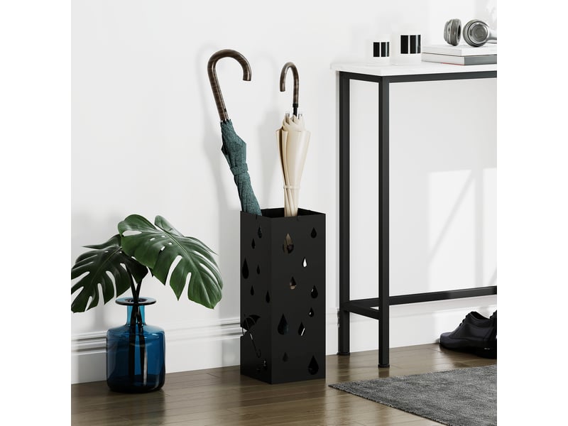  Porte-parapluie support à parapluie carré en acier avec 4 crochets et bac de récupération d'eau amovible noir  - Conforama C