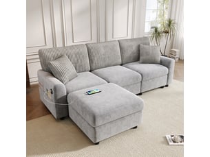 Canapé d’angle 4 places 223x146x84 cm avec pouf, 2 coussins carrés, usb et type-c pour salon, chenille et velours côtelé, gris