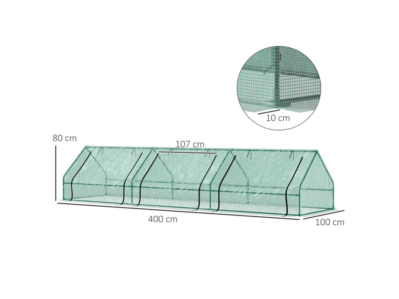 Mini serre étanche pour plantes avec 3 entrées enroulables, en acier et pe, 400 x 100 x 80 cm, verte - Conforama E