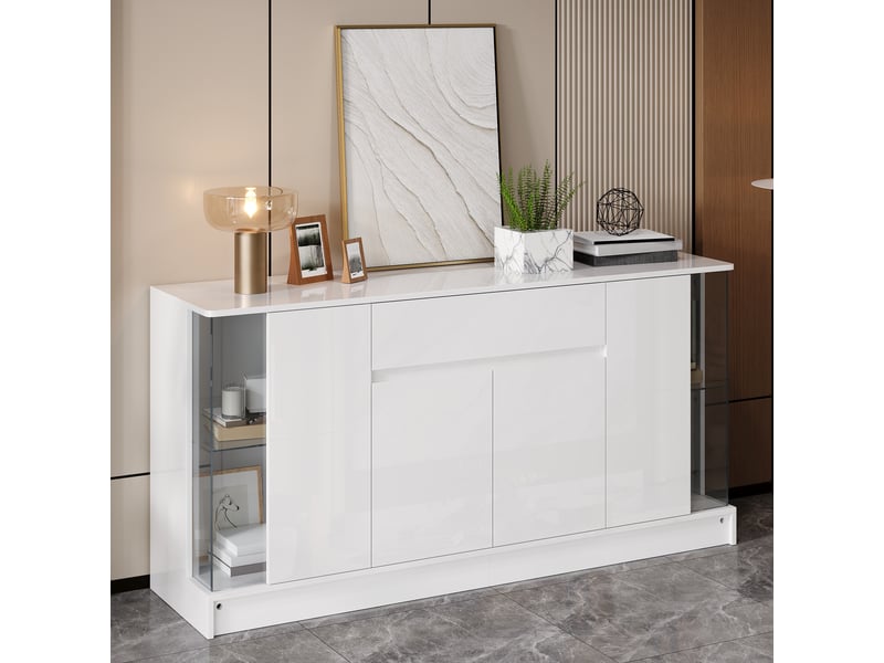 Buffet de rangement 150x40x75 cm, éclairage led, portes battantes, tiroir, éléments vitrés pour salon et salle à manger - blanc GL8834W - Conforama B
