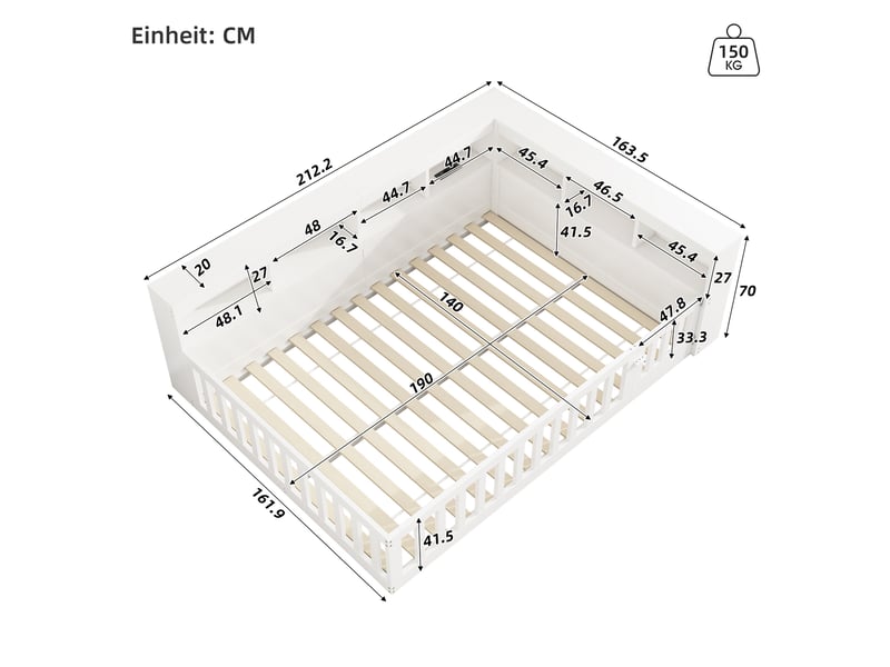  Lit de jour 140x190 cm avec rangement, prises usb et sommier blanc  - Conforama C