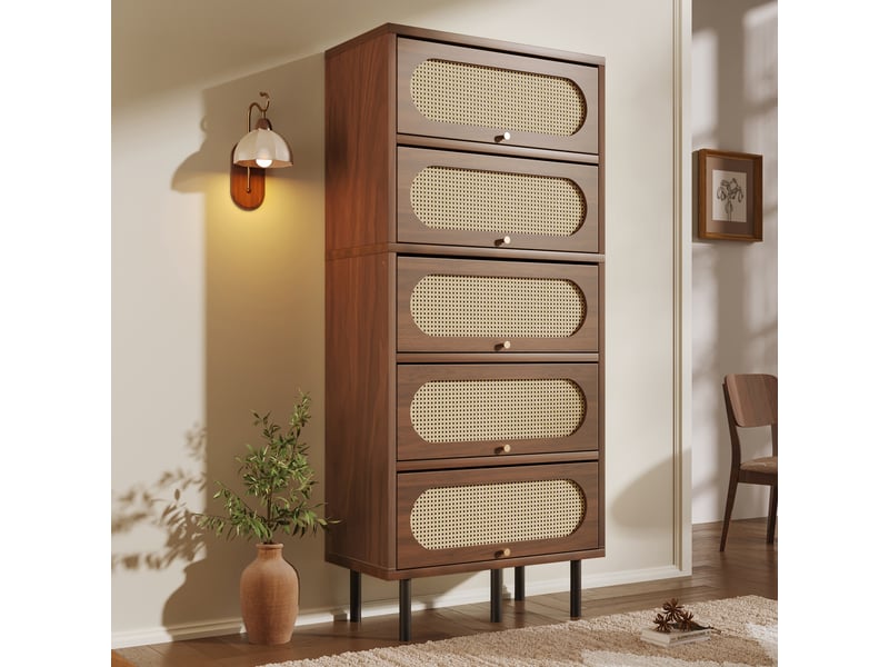  Buffet haut 80x40x163 cm avec 5 portes abattantes effet rotin, grand rangement, pieds métal noirs, finition noyer, salon cuisine et entrée  - Conforama B