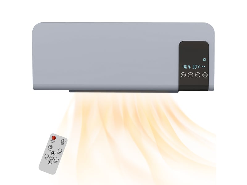  Chauffage soufflant oscillant mural avec télécommande, minuterie 12 heures et 2 modes de fonctionnement, 54,5 x 12 x 21,5 cm, gris  - Conforama B