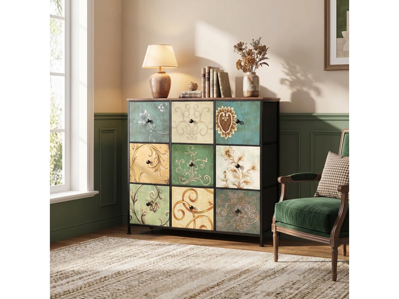  Commode 9 tiroirs, commode de rangement, tissu floral, structure en métal, pour salon, chambre, style bohème,100 x 30 x 86,5 cm  - Conforama D