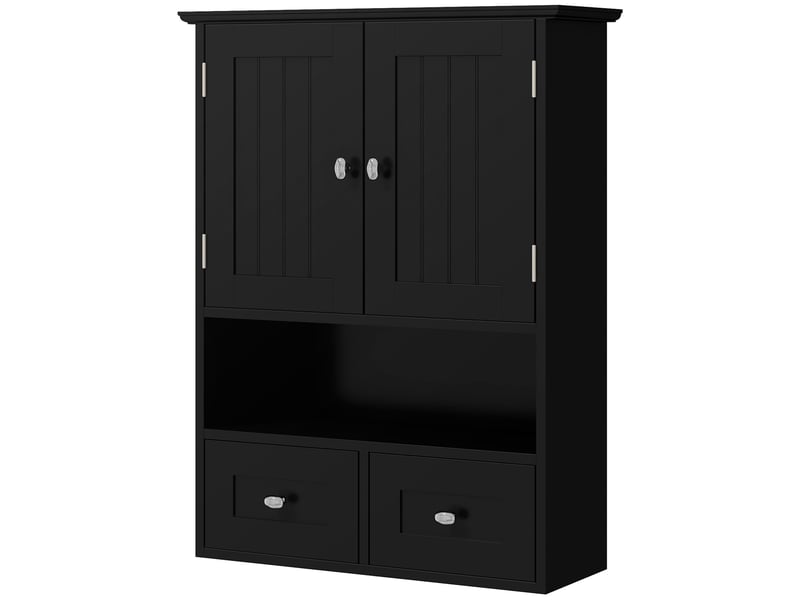  Armoire murale de salle de bain, armoire de toilette, avec portes, étagère, 2 tiroirs, 50,8l x 17,8p x 66h cm, noir  - Conforama B