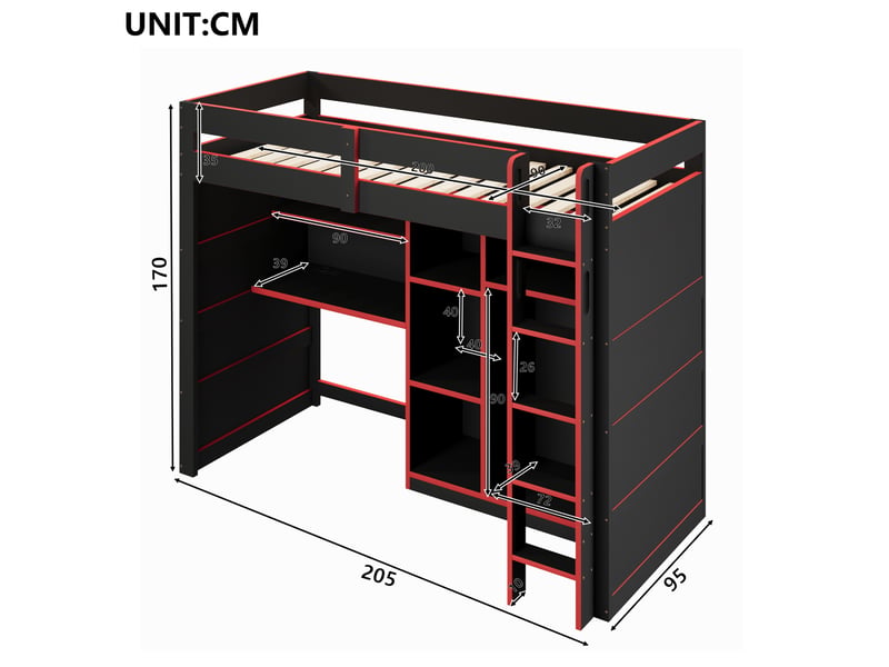 Lit mezzanine 90x200 cm en mdf et contreplaqué noir et rouge, bureau, rangement, led et usb, sans matelas - Conforama C