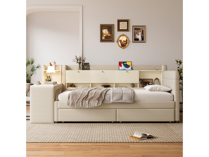  Lit de jour 90x200 avec bureau intégré, canapé lit en lin beige, 2 tiroirs et ports usbtype-c pour chambre  - Conforama B
