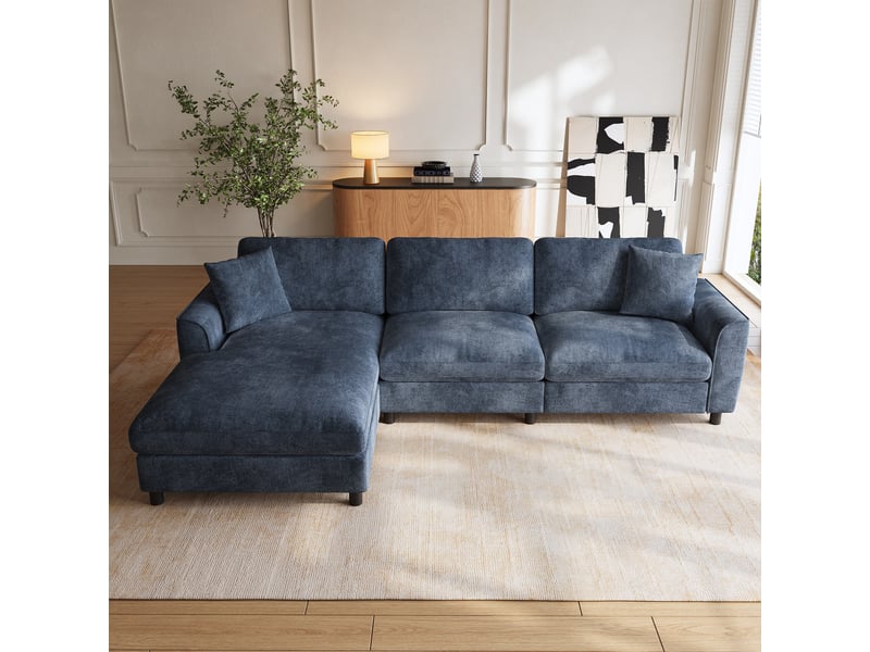  Canapé d’angle modulable en l 256 cm 3 places avec méridienne réversible extra-large 90 cm, accoudoirs courbés, ressorts ensachés, chenille bleu  - Conforama C