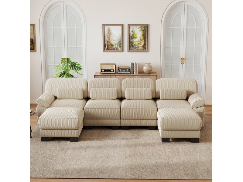 Canapé modulable en u 4 places 336x161x94 cm, soutien ergonomique, assise profonde, 2 poufs, en velours côtelé, beige  - Conforama D